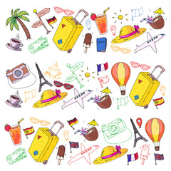 Vector pattern with travel icons. Get ready for adventures and travel. Great vacation, holidays. Hot air balloon, suitcase, airplane.