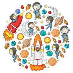 Space for children. Kids and cosmos exploration. Adventures, planets, stars. Earth and Moon. Rocket, shuttle, sun.