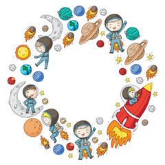 Fototapeta na wymiar Space for children. Kids and cosmos exploration. Adventures, planets, stars. Earth and Moon. Rocket, shuttle, sun.