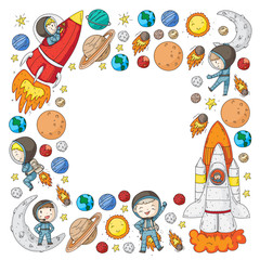 Space for children. Kids and cosmos exploration. Adventures, planets, stars. Earth and Moon. Rocket, shuttle, sun.