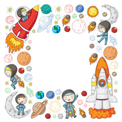Space for children. Kids and cosmos exploration. Adventures, planets, stars. Earth and Moon. Rocket, shuttle, sun.