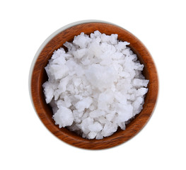 Salt in wood bowl on white background