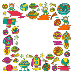 Vector doodle pattern with space icons. Children, kindergarten illustration. Kids drawing style