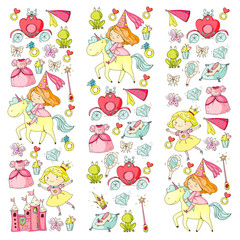 Princess vector patterns. Cute little princess with unicorn and dragon. Castle for little girl, dress, magic wand. Fairy tale icons with crown and frog. Fantasy illustration © rudut2015