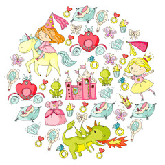 Princess vector patterns. Cute little princess with unicorn and dragon. Castle for little girl, dress, magic wand. Fairy tale icons with crown and frog. Fantasy illustration