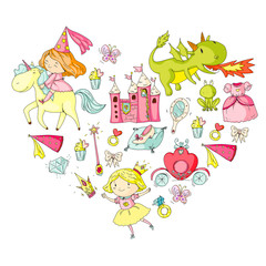 Princess vector patterns. Cute little princess with unicorn and dragon. Castle for little girl, dress, magic wand. Fairy tale icons with crown and frog. Fantasy illustration