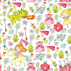 Princess vector patterns. Cute little princess with unicorn and dragon. Castle for little girl, dress, magic wand. Fairy tale icons with crown and frog. Fantasy illustration