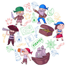 Pirate party for little children. Kindergarten background. Sea and ocean adventures. Ship and pirates, treasure island.