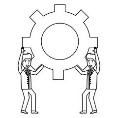 business people lifting gear characters