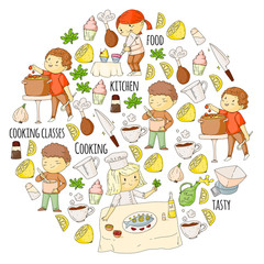 Cooking class cover, courses for little kindergarten children. Kitchenware, kitchen items, utensil. Vector pattern with doodle icons.