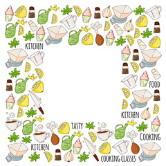 Cooking class frame, courses frame. Kitchenware, kitchen items, utensil. Vector pattern with doodle icons.