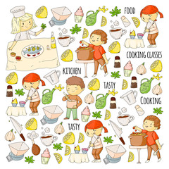 Pattern for cooking class, courses for little kindergarten children. Kitchenware, kitchen items, utensil. Vector pattern with doodle icons.