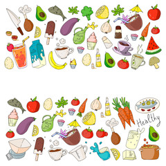 Pattern with healthy food. Cooking class, menu elements for restaurant, cafe. Milk, ice cream, fish, juice, avocado, turkey, carrot, garlic, coffee, tea.