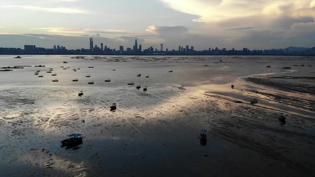 lau fau shan - pak nai mudflat in hong kong with the skyline of shenzhen