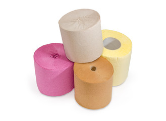 Rolls of various toilet paper different colors on white background