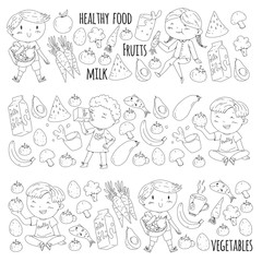 Healthy food for children. Kindergarten, school kids eating watermelon, eggplant, fish, tomato, avocado, milk, carrot, mushrooms. Fruits and vegetables. Vector patterns.