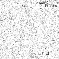 Healthy food for children. Kindergarten, school kids eating watermelon, eggplant, fish, tomato, avocado, milk, carrot, mushrooms. Fruits and vegetables. Vector patterns.