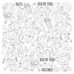 Healthy food for children. Kindergarten, school kids eating watermelon, eggplant, fish, tomato, avocado, milk, carrot, mushrooms. Fruits and vegetables. Vector patterns.