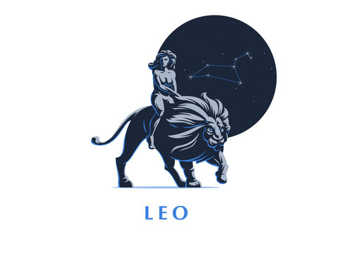 Sign Of The Zodiac Leo. A Woman Is Riding A Lion.