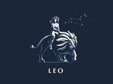 Sign of the zodiac Leo. A woman is riding a lion.