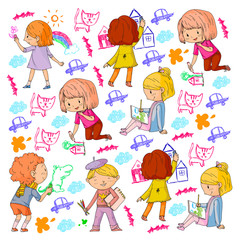 Children painting. School and kindergarten kids creative class. Education, play and grow together. Boys and girls drawing by pen and pencils. Playground.