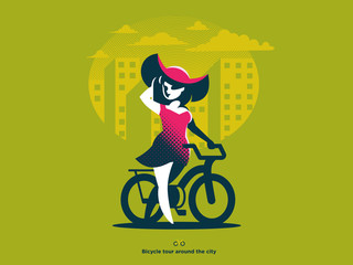 A girl in a hat walks next to a bicycle. Vector illustration