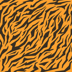 Animal skin print, seamless texture. Tiger fur, orange stripes pattern. Safari repeating background. Vector