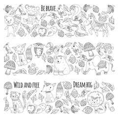 Pattern with cute forest and jungle animals. Fox, tiger, lion, zebra, bear, bird, parrot, snake, squirrel, elephant, monkey, owl. Tribal boho wild and free icons for little kindergarten children