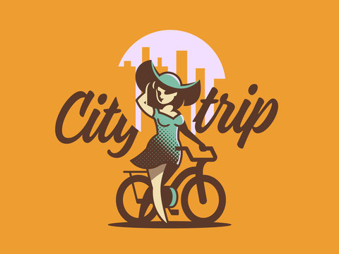 A girl in a hat walks next to a bicycle. Vector illustration