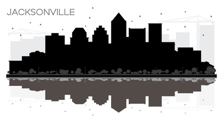 Jacksonville Florida City skyline black and white silhouette with Reflections.