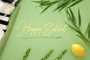 Jewish festival of Sukkot. Traditional symbols (The four species): Etrog, lulav, hadas, arava.