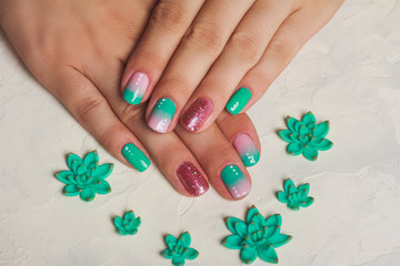Turquoise and pink gradient nail art