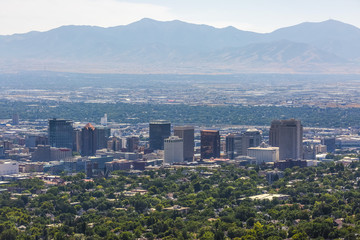 View of downtown Salt Lake with hazy mountain