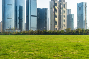 Obraz premium modern office buildings near meadow in midtown
