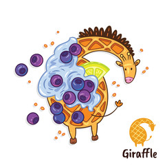 Fancy waffle dessert in the form of a giraffe with whipped cream, blueberries and lemon. Tasty giraffe art.