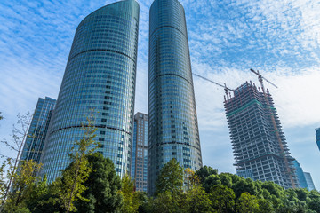 low angle view of skyscrapers in city of China.