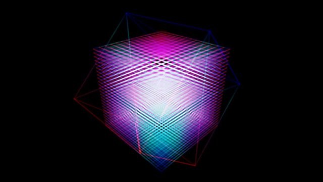 Blue and purple particles cube form rotating with geometric lines on dark background. Seamless loop animation.