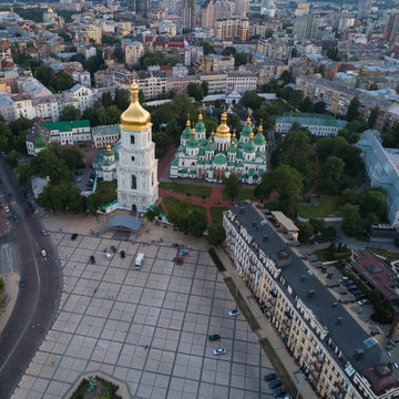 Aerial view of Sofievskaya Square and St. Sophia Cathedral in Kiev, Ukraine. Tourist Sight. Ukrainian baroque