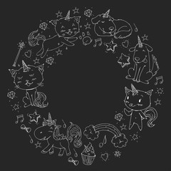 Vector unicorns. Caticorn. Cat, dog, pony with horn and rainbow. Fantasty vector icons. Cute kindergarten pattern for little children. Princess fairy tale.