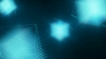 Set of 3 different color cube animation with geometric lines rotating on dark background.