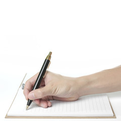 hand of businessman or student holding black pen for writing and note on recycle diary or notebook paper for environment conserve on white background isolated
