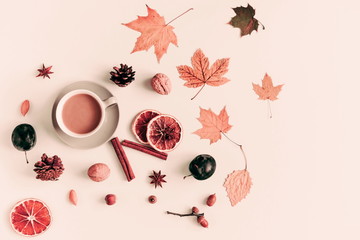 Autumn composition. Cup of coffee, dried leaves, cinnamon, star anise, cones, light background. Autumn elegant concept. Flat lay, top view, copy space 