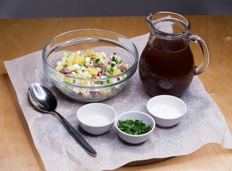 Okroshka - Russian Cold vegetable Soup. on the plate