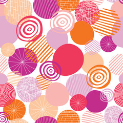 Fototapeta premium Doodle circles vector seamless pattern. Abstract geometric dots background. Geometric shapes pink, orange, coral, and peach on a white background. Young fresh modern design for women and girls.