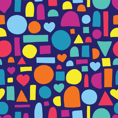 Hand drawn shapes seamless vector pattern. Hearts, circles, half circles, rectangles, and squares pattern. Blue, pink, yellow, and orange abstract shapes on a dark blue background.