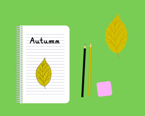 Drawing of a leaf in a notebook with the message: autumn.