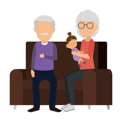 grandparents couple with granddaughter in the sofa vector illustration
