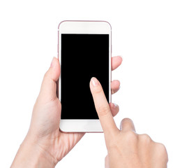 Closeup shot of a woman typing on mobile phone isolated on white background.. Girl's hand holding a modern smartphone and pointing with figer. Blank screen to put it on your own webpage or message.