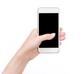hand holding phone isolated on white clipping path inside