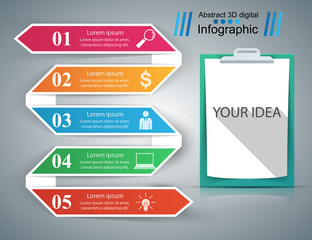 3D infographic design template and marketing icons. Tablet A4 paper.